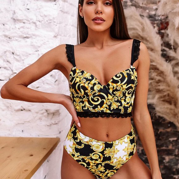 Yellow Printed High Waisted Bustier Padded Two Piece Bikini Swimsuit - Picture 2 of 9